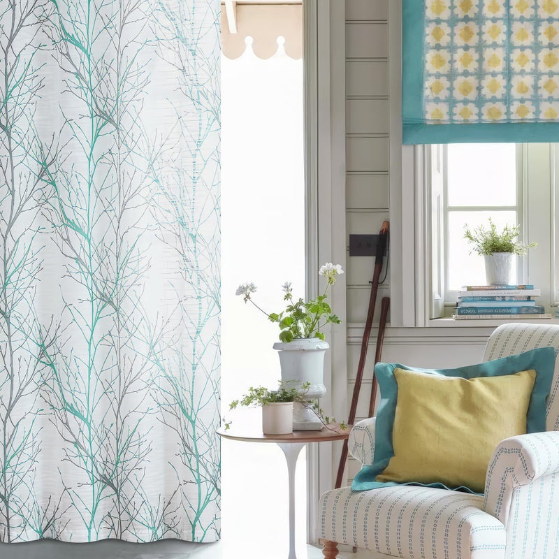 FMFUNCTEX Linen Semi Sheer Curtains for Bedroom, Auqa Blue White Curtains 96 Inches Long for Living Room, Grey Tree Branch Patterned Curtain Light Filtering Window Drapes, Grommet Top 2 Panels - Image 5